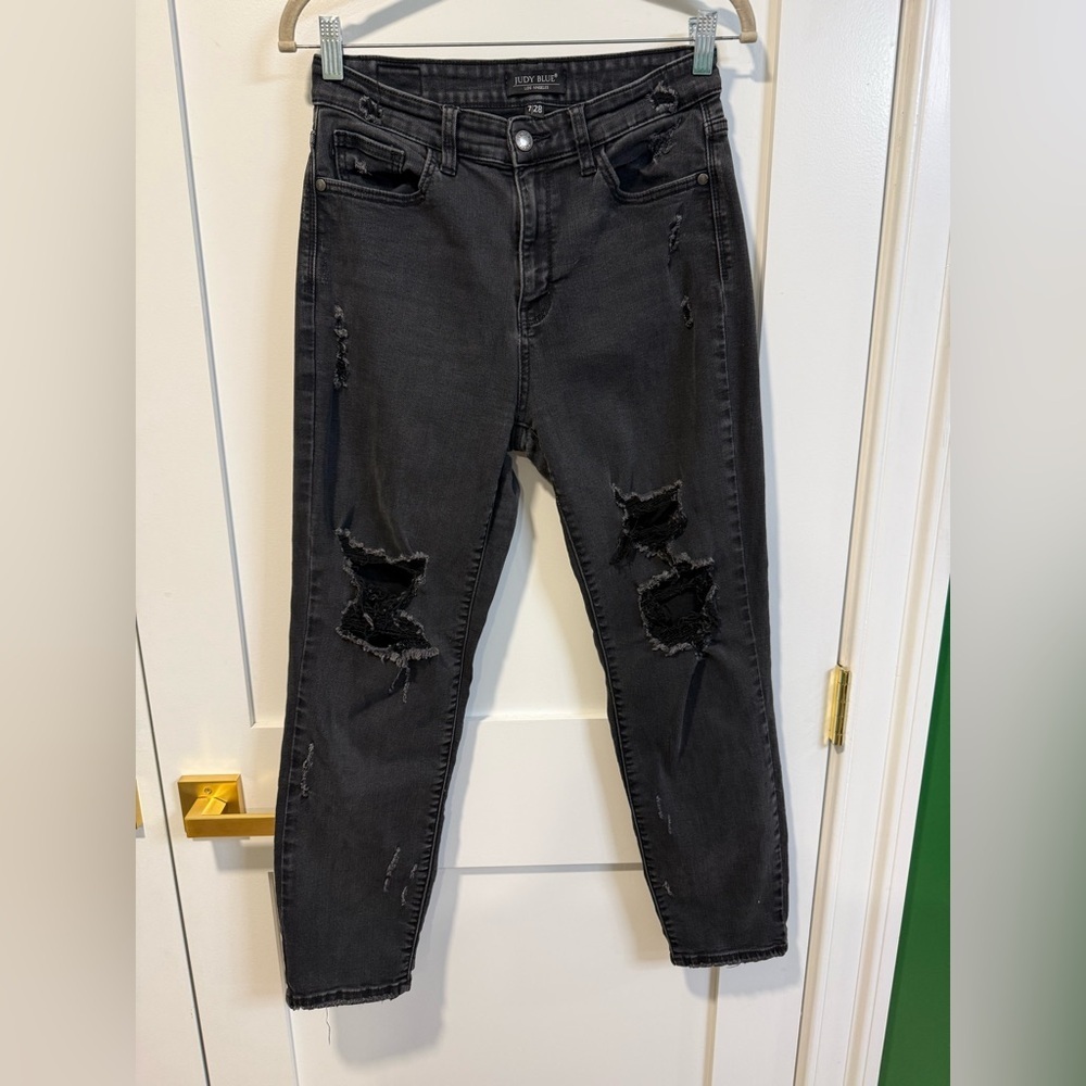 Judy Blue Women’s Black High-Waist Boyfriend Distressed Jeans - Size 7/28
